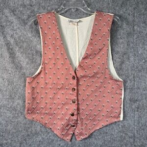 Vtg Floral Tapestry Satin Back‎ Vest Womens Medium Pink floral USA Cottagecore